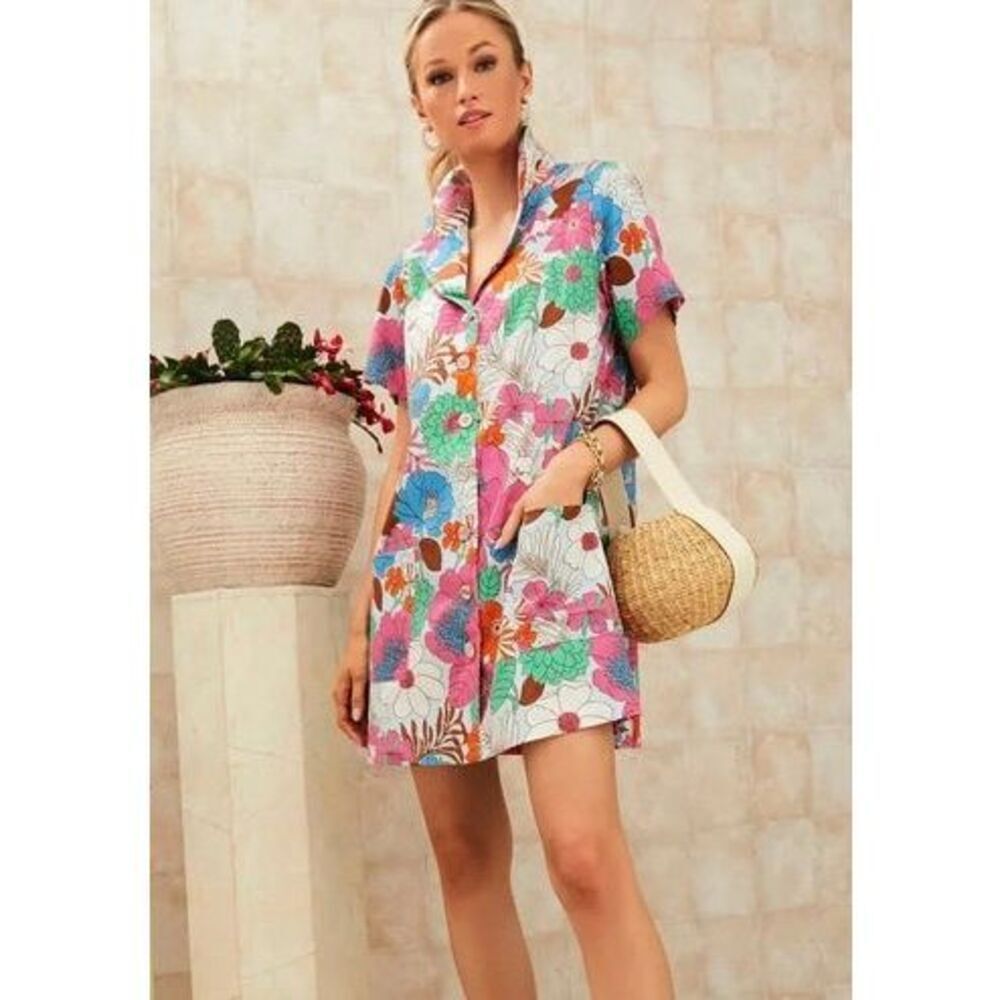 Tuckernuck Shirt Dress Mini Floral Short Sleeve Collared Button Front Multicolor